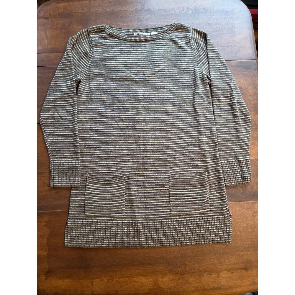 Striped green white long sleeve Crewneck Sweater dress Pockets 100% cotton sz m